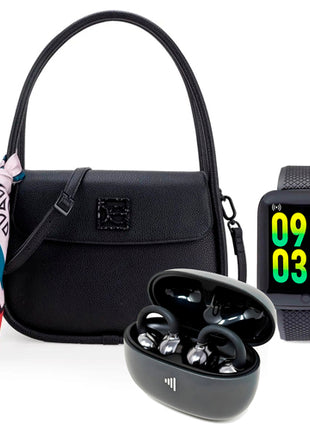 Combo Smartwatch Hyper T2GO - TG-W84032 + Ultrafreelink Audífonos Highlink - ULTRAFREELINK + Cloe Bolsa Lady Bag Chica Color Negro con Mascada - 2BLCI25878NEG