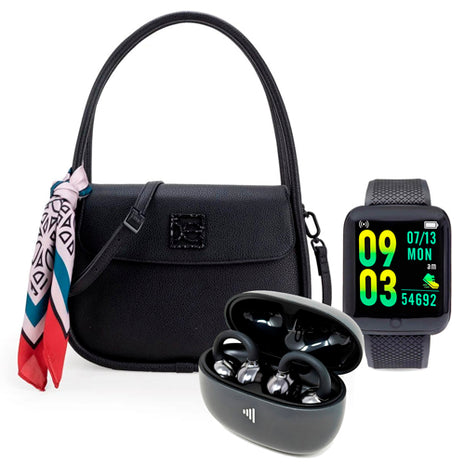 Combo Smartwatch Hyper T2GO - TG-W84032 + Ultrafreelink Audífonos Highlink - ULTRAFREELINK + Cloe Bolsa Lady Bag Chica Color Negro con Mascada - 2BLCI25878NEG
