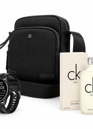 Combo Cloe Mensajera Chico. Negro - 4EQCV25091NEG + Calvin Klein CK One 100ml. EDT. Unisex - CKONE100ML + G-Tide Reloj Inteligente. Negro - R3