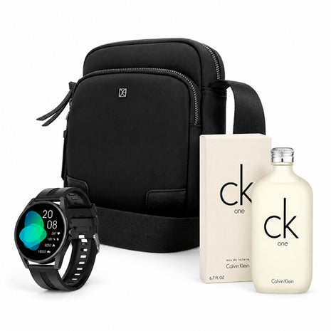 Combo Cloe Mensajera Chico. Negro - 4EQCV25091NEG + Calvin Klein CK One 100ml. EDT. Unisex - CKONE100ML + G-Tide Reloj Inteligente. Negro - R3