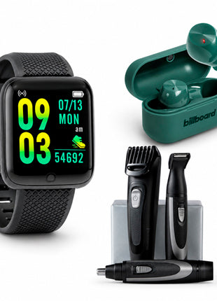 Combo Remington Kit Cortador de Barba. Negro - MB906 + Smartwatch Hyper T2GO, Negro - TG-W84032 + Billboard Audífonos Intrauriculares con Micrófono Soul Track Inalámbrico. Verde - BB-E19801