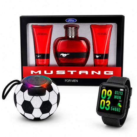 Combo Ford Mustang Para Caballero Perfume + Gel de Ducha + Crema para Después de Afeitar - FDMUR-529 + Smartwatch Hyper T2GO. Negro - TG-W84032 + Misik Bocina TWS Portátil en forma de mini balón - MS284