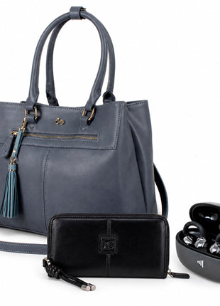 Combo Cloe Bolsa Satchel Gris con Colgante de Flecos en color Azul - EHIL632AZULGR + Audífonos Ultrafreelink Highlink, Negro - ULTRAFREELINK + Cloe Cartera Grande Cierre. Negro - 2BICP26279NEG