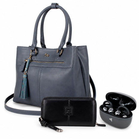 Combo Cloe Bolsa Satchel Gris con Colgante de Flecos en color Azul - EHIL632AZULGR + Audífonos Ultrafreelink Highlink, Negro - ULTRAFREELINK + Cloe Cartera Grande Cierre. Negro - 2BICP26279NEG