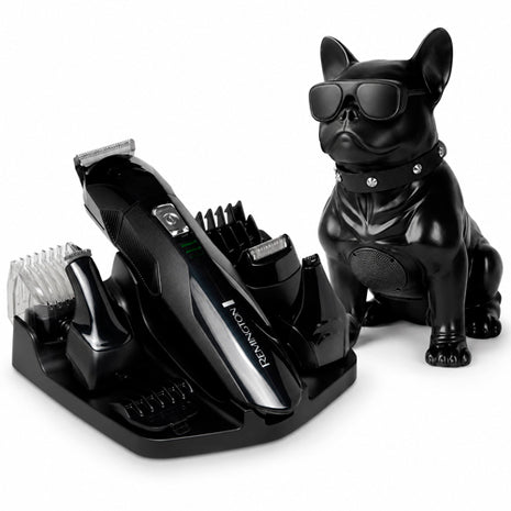 Combo Remington Kit de Corte, con Cuchillas de acero quirúrgico autoafilables Caballero - PG6020B + Misik Bocina Bluethooth, negro en forma de bulldog - MS299