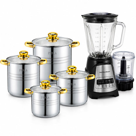 Combo Perla Batería de Cocina S008 8Pzs + Hamilton Beach Licuadora 58149-MXR con Procesador
