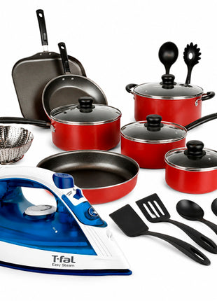 Combo Tramontina Batería Primaware 80119567 18Pzs Rojo + T-fal Plancha FV1942X0 Easy Steam