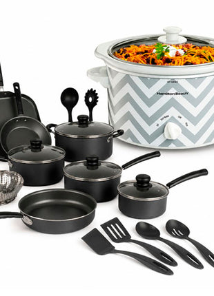 Combo Tramontina Batería Primaware Negro de cocina 18 pzs. - 80119545 + Hamilton Beach Olla de Lenta Cocción 2.8 Lt - 33234