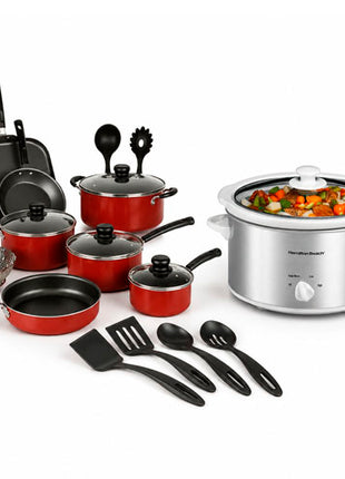 Combo Tramontina Batería Primaware Rojo de cocina 18 pzs. - 80119567 + Hamilton Beach Olla de Lenta Cocción - 33140V