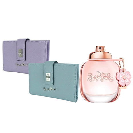 Combo Michel Domit Cartera para Dama con broche, Lila MDTWAW002MOR + Michel Domit Cartera para Dama con broche, Azul MDTWAW002AZ + Coach Perfume Floral EDP 90ml Dama 95341