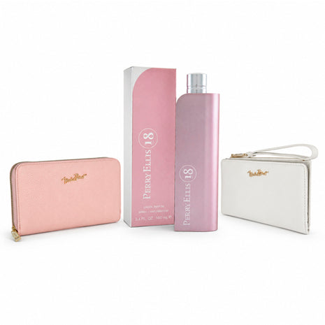 Combo Michel Domit Cartera Chica Dama, Blanco MDTWAW001IVORY + Cartera Michel Domit Mediana con Cierre, Rosa MDTWAW004PK + Perry Ellis Perfume 18 Dama 100ml - 18PED100