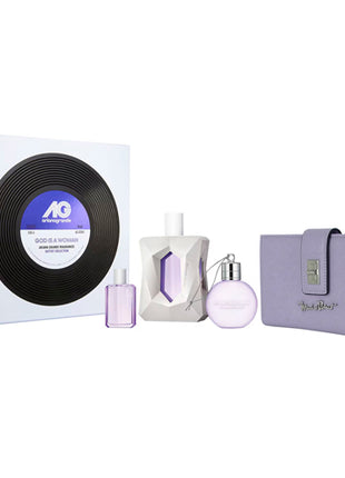 Combo Michel Domit Cartera chica con broche para Dama, Lila MDTWAW002MOR + Ariana Grande God Is A Woman Set Perfume + Gel de Ducha + Fragancia AGSET-033