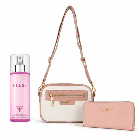 Combo Crossbag Bolsa Michel Domit Dama con Correa Ajustable Beige MDTCBE037PK + Cartera Michel Domit Mediana con Cierre Organizadores Internos Rosa MDTWAW004PK + Perfume Guess Women Body Mist 250 ml. Dama GU0568