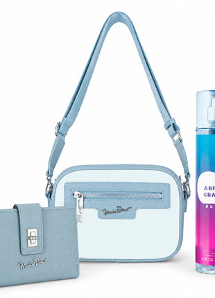 Combo Crossbag Bolsa Michel Domit Dama con Correa Ajustable Compacta MDTCBE037AZ + Cartera Michel Domit Chica con Broche Múltiples Organizadores Azul MDTWAW002AZ + Perfume Ariana Grande body mist spray Cloud 236 ml. Dama ARGBM