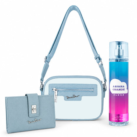 Combo Crossbag Bolsa Michel Domit Dama con Correa Ajustable Compacta MDTCBE037AZ + Cartera Michel Domit Chica con Broche Múltiples Organizadores Azul MDTWAW002AZ + Perfume Ariana Grande body mist spray Cloud 236 ml. Dama ARGBM