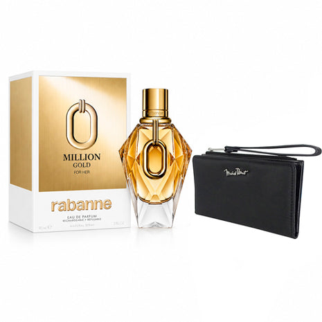 Combo Cartera Michel Domit Chica Billetes, Tarjetas y Monedas Negro MDTWAW001NGR + Paco Rabanne Perfume Million Gold for Her EDP 90Ml Refillable PRLMGOLD