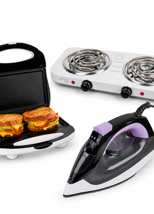 Combo Parrilla Eléctrica 2 Quemadores en Espiral, Blanca - PAEL-2CP + Proctor Silex Sandwichera, Blanco - 25401G + Plancha de Vapor Daewoo - DSI-9202