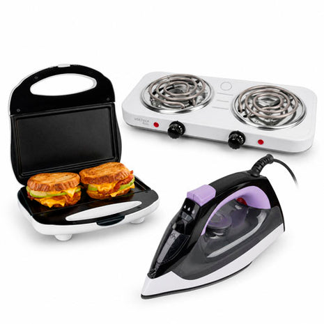 Combo Parrilla Eléctrica 2 Quemadores en Espiral, Blanca - PAEL-2CP + Proctor Silex Sandwichera, Blanco - 25401G + Plancha de Vapor Daewoo - DSI-9202