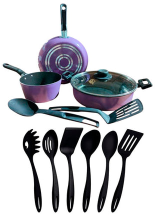 Combo Ekco Batería de cocina lila de 6 pzs - 70010247 + Tramontina Juego de utensilios Ability, Negro 6pzs - 25199009