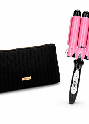 Combo Conair Cosmetiquera grande efecto acolchado, Negro - A13046MX + Pro rizador profesional con 3 varillas, Rosa - CRC3