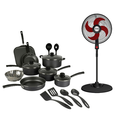 Combo Tramontina Primaware 80119545 Negro 18Pzas + T-Fal Ventilador 18” VE2913X0 Pedestal