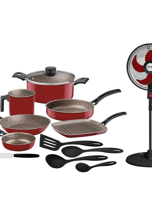 Combo Tramontina Batería Ankara 27899522 Roja 12pzs + T-Fal Ventilador 18” VE2913X0 Turbo Power