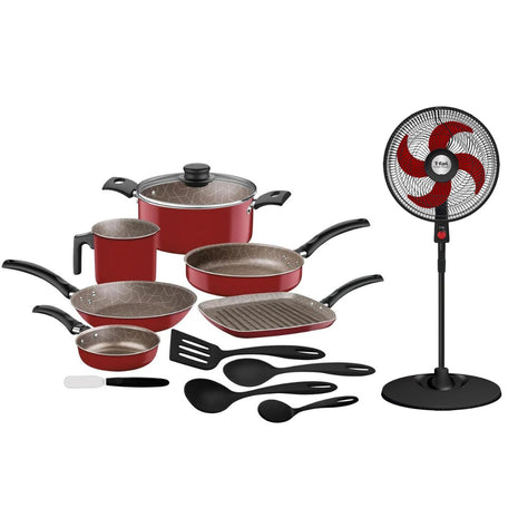 Combo Tramontina Batería Ankara 27899522 Roja 12pzs + T-Fal Ventilador 18” VE2913X0 Turbo Power