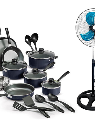 Combo Tramontina Batería Primaware 3230-466 Azul 18Pzs + Homex Ventilador HV-18P90W 18” 3en1
