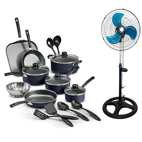 Combo Tramontina Batería Primaware 3230-466 Azul 18Pzs + Homex Ventilador HV-18P90W 18” 3en1