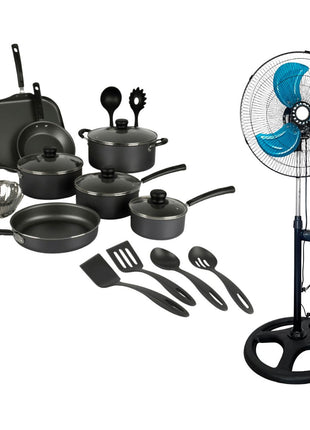 Combo Tramontina Batería Primaware 80119545 Negro 18Pzs + Homex Ventilador HV-18P90W 18” 3en1