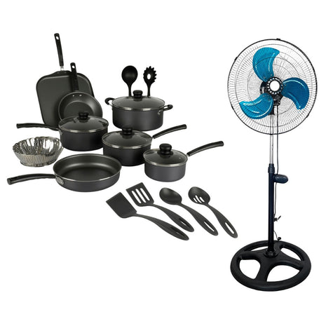 Combo Tramontina Batería Primaware 80119545 Negro 18Pzs + Homex Ventilador HV-18P90W 18” 3en1