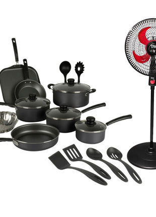 Combo Tramontina Batería de Cocina 80119545 Negro 18Pzs + T-Fal Ventilador Pedestal VE31A3X0 Air Maxx