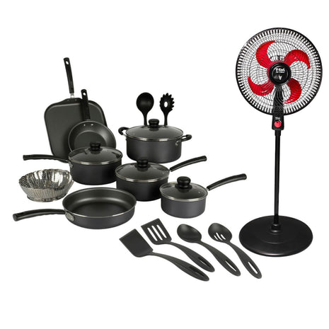 Combo Tramontina Batería de Cocina 80119545 Negro 18Pzs + T-Fal Ventilador Pedestal VE31A3X0 Air Maxx