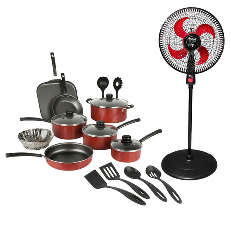 Combo Tramontina Batería Primaware 80119567 Rojo 18Pzs + T-Fal Ventilador Pedestal VE31A3X0 Air Maxx