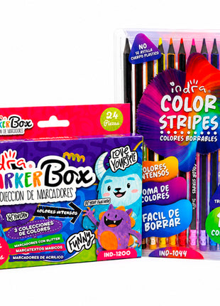 Combo Indra Set 12 Colores IND-1044 Borrables Triangulares + Indra Cajita 24 Marcadores IND-1200 MarkerBox