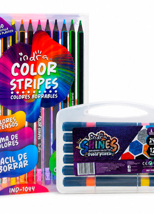 Combo Indra Set 12 Marcadores IND-1080 Glitter + Indra Set 12 Colores IND-1044 Borrables Triangulares