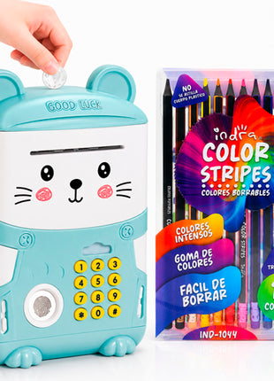 Combo Music Saving Box Alcancía GBB24AZ Azul + Indra Set 12 Colores IND-1044 Borrables Triangulares
