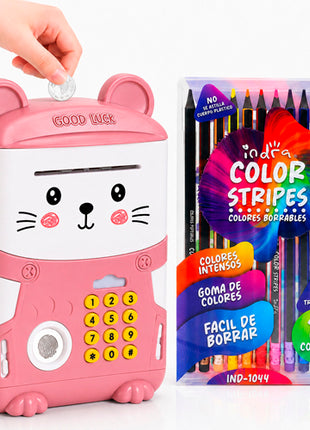 Combo Music Saving Box Alcancía GBP24RO Rosa + Indra Set 12 Colores IND-1044 Borrables Triangulares