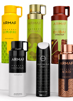 Armaf Odyssey Set 6 Desodorantes | DODYTYRANT, DHOMARMAF, LIMONIARMA, NUITINTENS, AOUDARMAF, ARMDUCHOCO - Caballero 200 ml c/u