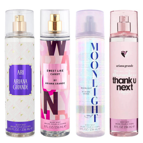 Ariana Grande Set 4 piezas Mist Fragances Ari + Moonlight + Sweet Like Candy + Thank U Next de 236 ml c/u. Dama