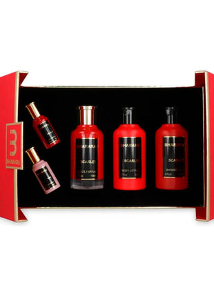 Set Bharara Scarlet Bath & Body EDP 5 pzs - Perfume Scarlet EDP 100ml + Loción Corporal Scarlet 200ml + Gel de Ducha Scarlet 200ml + 2 Mini Perfumes Scarlet/Rosé 10ml | BHARASCAR