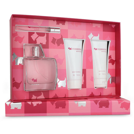 Ferrioni Set 4 piezas Woman edp 100 ml + body lotion 100 ml + body shampoo + mini edp 10 ml. Dama