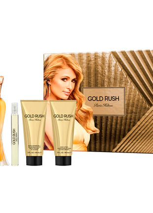 Set Paris Hilton Gold Rush Dama 4 pzs - Perfume EDP 100ml + Perfumero 10ml + Loción Corporal 90ml + Gel de Ducha 90ml | GOLDRUSPH