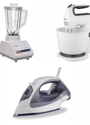 Combo hogar Licuadora M4108-13, Batidora de mano y pedestal FPSTHS3610-013 y Plancha de vapor GCSTBS3802