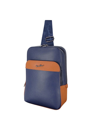 Michel Domit Crossbody para caballero MDTBAGSSM03AZ azul con camel con compartimento principal con cierre y bolsillo frontal