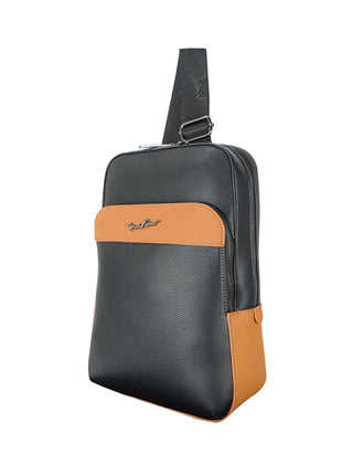 Michel Domit Crossbody para caballero MDTBAGSSM03NGR negro con camel con compartimento principal con cierre y bolsillo frontal