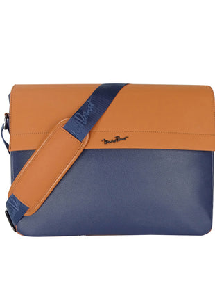 Michel Domit Crossbody para caballero MDTCBSSM07AZ azul con camel con compartimento principal con broche magnético