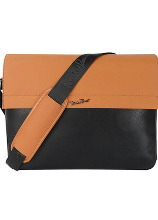 Michel Domit Crossbody para caballero MDTCBSSM07NGR negro con camel con compartimento principal con broche magnético