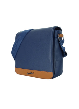 Michel Domit Crossbody para caballero MDTCBSSM08AZ azul con camel con compartimento principal con broche magnético