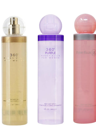 Perry Ellis Set 3 piezas Mist Fragances 360 tradicional + 360 purple +Perry 18 de 236 ml c/u. Dama